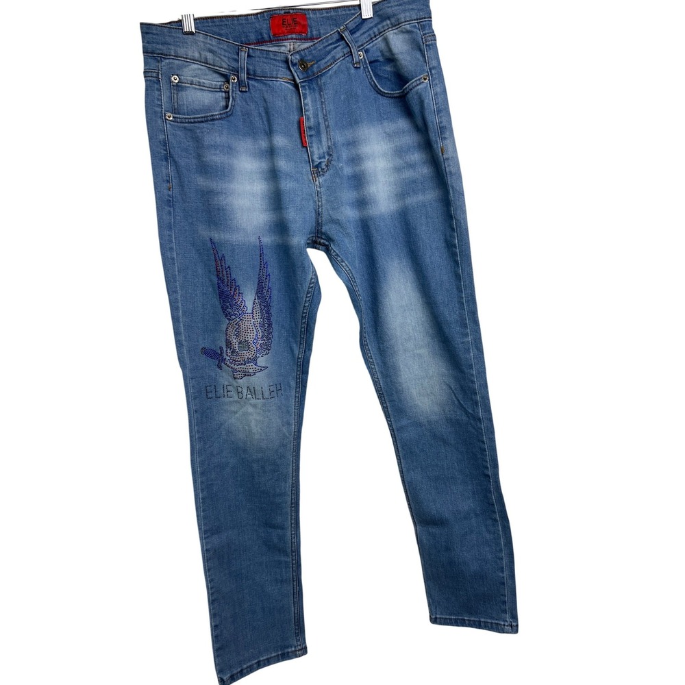 Elie Balleh Jeans Women 40 Rhinestone Skull Wing Slim Fit Denim W40 L32  B16